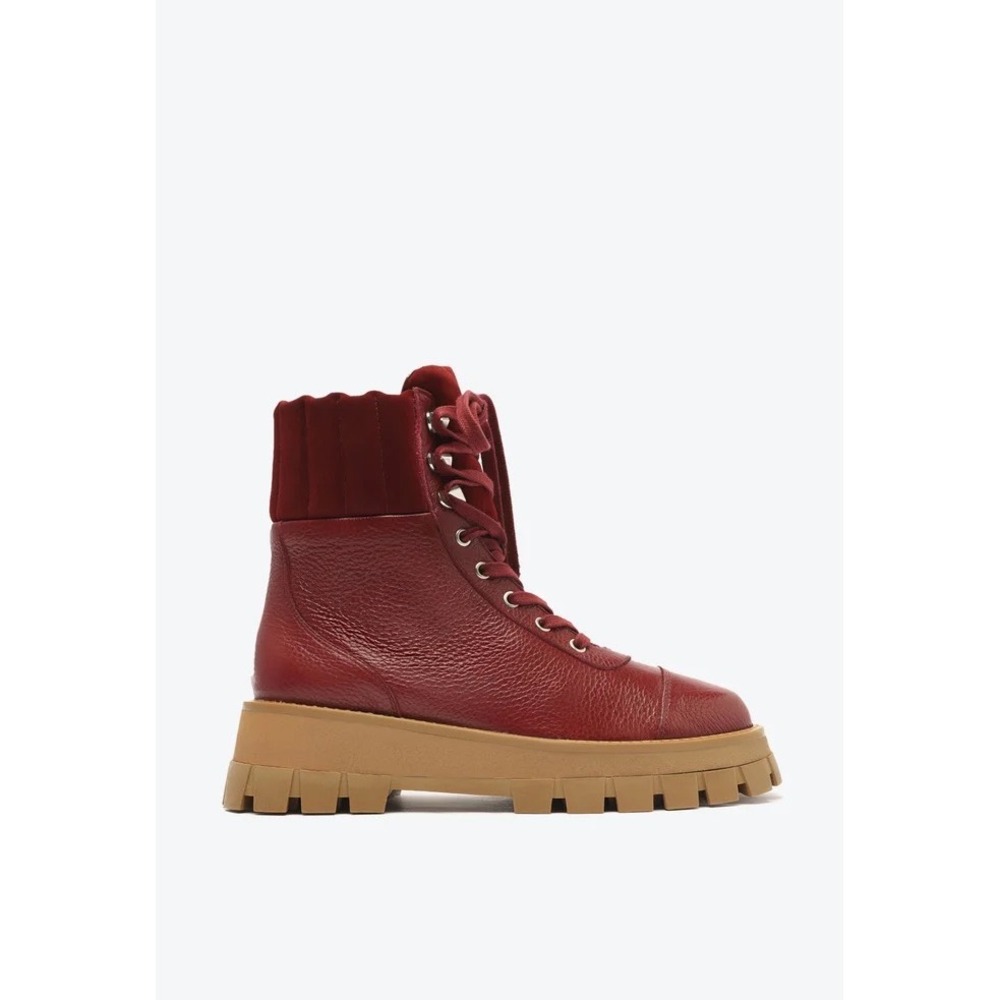 Schutz‎ Button Burned Red Leather Platform Combat Boots Velvet Collar Size 8B